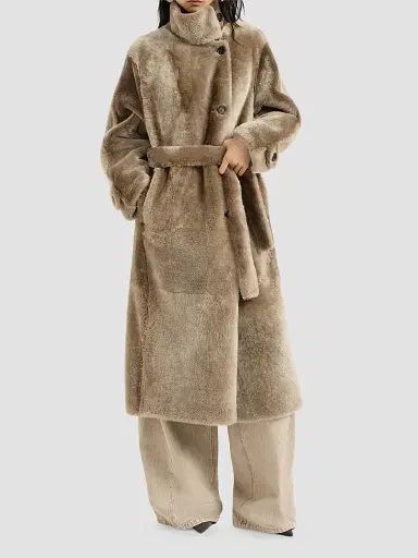 Brunello Cucinelli Women's Shearling Coat with Belt and Monili - Light Brown | Thumbnail 3