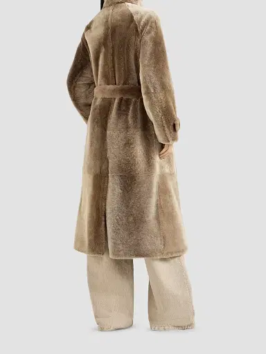 Brunello Cucinelli Women's Shearling Coat with Belt and Monili - Light Brown | Thumbnail 4