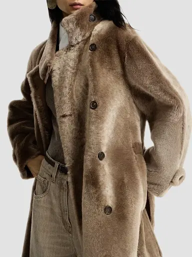 Brunello Cucinelli Women's Shearling Coat with Belt and Monili - Light Brown | Thumbnail 5