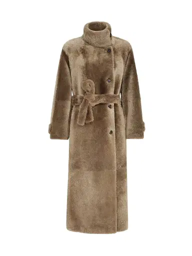 Brunello Cucinelli Women's Shearling Coat with Belt and Monili - Light Brown | Thumbnail 1