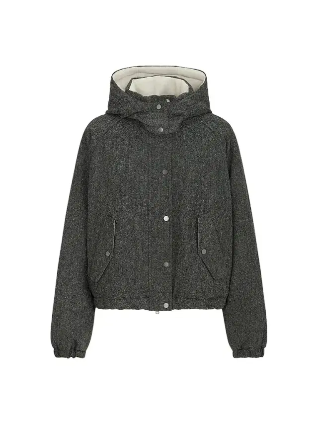Women's Virgin Wool Donegal Down Jacket with Detachable Hood and Shiny Zipper Pull - Anthracite
