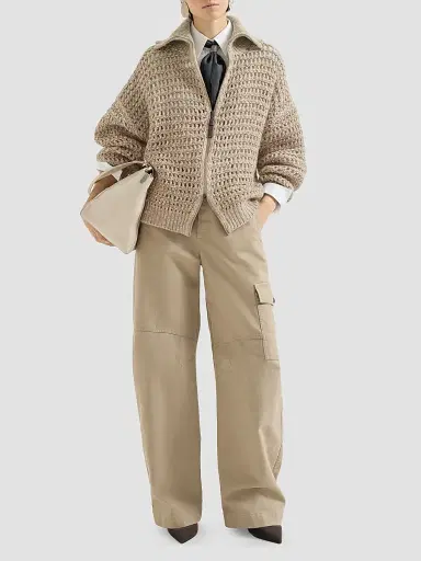 Brunello Cucinelli Women's Dazzling Soft Virgin Wool and Cashmere Net Cardigan - Light Beige | Thumbnail 2