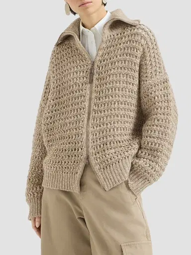 Brunello Cucinelli Women's Dazzling Soft Virgin Wool and Cashmere Net Cardigan - Light Beige | Thumbnail 3
