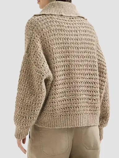 Brunello Cucinelli Women's Dazzling Soft Virgin Wool and Cashmere Net Cardigan - Light Beige | Thumbnail 4