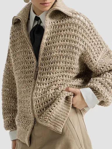 Brunello Cucinelli Women's Dazzling Soft Virgin Wool and Cashmere Net Cardigan - Light Beige | Thumbnail 5