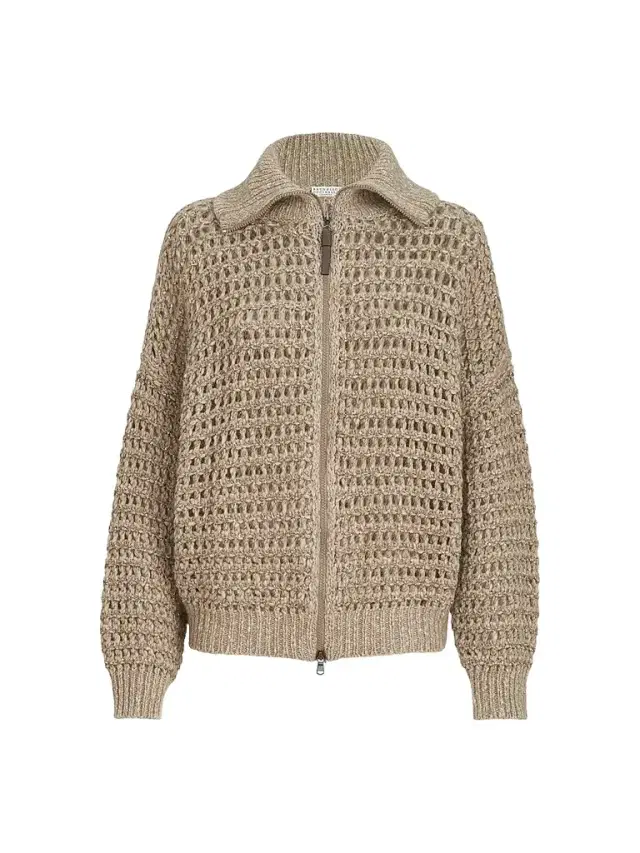 Brunello Cucinelli Women's Dazzling Soft Virgin Wool and Cashmere Net Cardigan - Light Beige