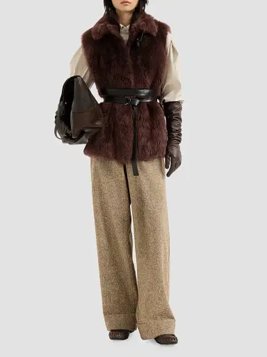 Brunello Cucinelli Women's Lux Shearling Vest with Nappa Leather Belt and Monili - Burgundy - Size 4 | Thumbnail 2 Brunello Cucinelli Women's Lux Shearling Vest with Nappa Leather Belt and Monili - Burgundy - Size 4 | Thumbnail 2