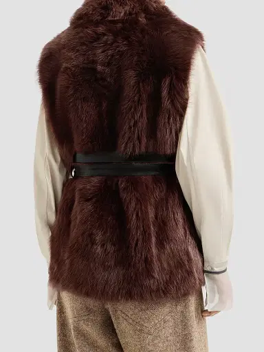 Brunello Cucinelli Women's Lux Shearling Vest with Nappa Leather Belt and Monili - Burgundy - Size 4 | Thumbnail 4 Brunello Cucinelli Women's Lux Shearling Vest with Nappa Leather Belt and Monili - Burgundy - Size 4 | Thumbnail 4