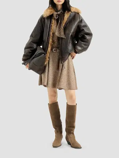 Brunello Cucinelli Women's Vintage-Effect Shearling Bomber Jacket with Shiny Zipper Pull - Hazelnut | Thumbnail 2