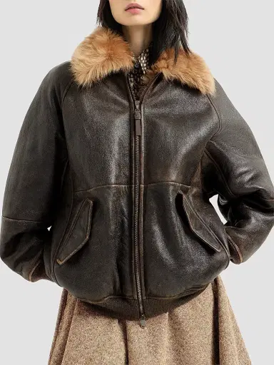 Brunello Cucinelli Women's Vintage-Effect Shearling Bomber Jacket with Shiny Zipper Pull - Hazelnut | Thumbnail 3