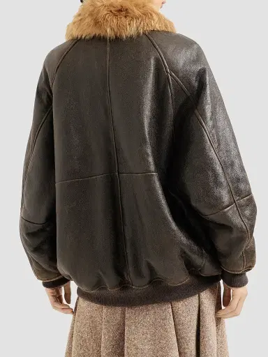 Brunello Cucinelli Women's Vintage-Effect Shearling Bomber Jacket with Shiny Zipper Pull - Hazelnut | Thumbnail 4