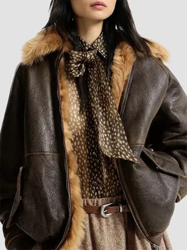 Brunello Cucinelli Women's Vintage-Effect Shearling Bomber Jacket with Shiny Zipper Pull - Hazelnut | Thumbnail 5