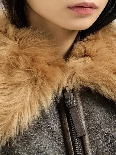 Brunello Cucinelli Women's Vintage-Effect Shearling Bomber Jacket with Shiny Zipper Pull - Hazelnut | Thumbnail 6