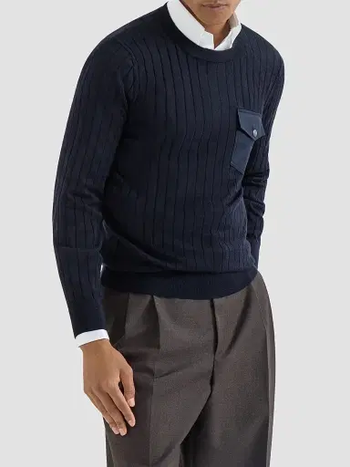 Brunello Cucinelli Men's Cashmere and Silk Ribbed Sweater with Chest Pocket - Navy Blue | Thumbnail 3 Brunello Cucinelli Men's Cashmere and Silk Ribbed Sweater with Chest Pocket - Navy Blue | Thumbnail 3