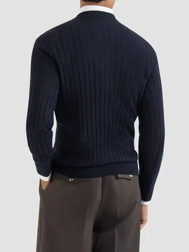 Brunello Cucinelli Men's Cashmere and Silk Ribbed Sweater with Chest Pocket - Navy Blue | Thumbnail 4 Brunello Cucinelli Men's Cashmere and Silk Ribbed Sweater with Chest Pocket - Navy Blue | Thumbnail 4