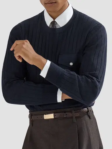 Brunello Cucinelli Men's Cashmere and Silk Ribbed Sweater with Chest Pocket - Navy Blue | Thumbnail 5 Brunello Cucinelli Men's Cashmere and Silk Ribbed Sweater with Chest Pocket - Navy Blue | Thumbnail 5