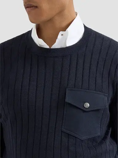 Brunello Cucinelli Men's Cashmere and Silk Ribbed Sweater with Chest Pocket - Navy Blue | Thumbnail 6 Brunello Cucinelli Men's Cashmere and Silk Ribbed Sweater with Chest Pocket - Navy Blue | Thumbnail 6
