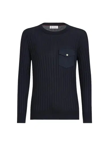 Brunello Cucinelli Men's Cashmere and Silk Ribbed Sweater with Chest Pocket - Navy Blue | Thumbnail 1 Brunello Cucinelli Men's Cashmere and Silk Ribbed Sweater with Chest Pocket - Navy Blue | Thumbnail 1