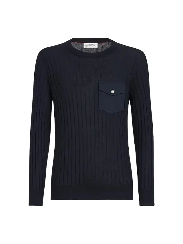 Brunello Cucinelli Men's Cashmere and Silk Ribbed Sweater with Chest Pocket - Navy Blue