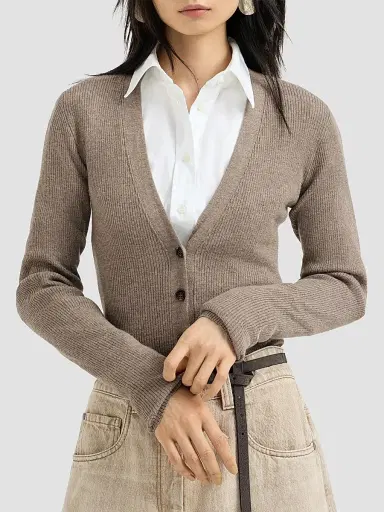 Brunello Cucinelli Women's Sparkling Cashmere Lightweight Ribbed Cardigan - Rope | Thumbnail 3 Brunello Cucinelli Women's Sparkling Cashmere Lightweight Ribbed Cardigan - Rope | Thumbnail 3
