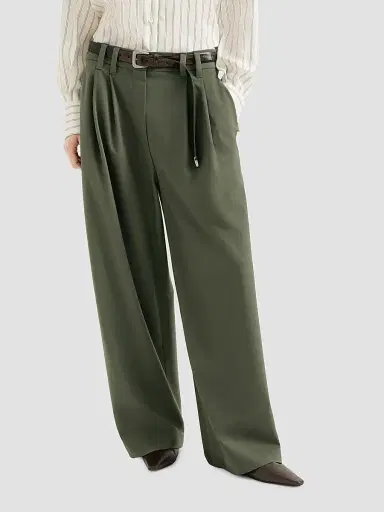 Brunello Cucinelli Women's Tropical Luxury Wool Tailored Trousers with Monili - Green | Thumbnail 3