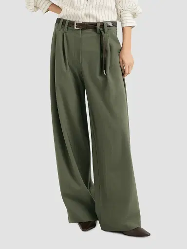 Brunello Cucinelli Women's Tropical Luxury Wool Tailored Trousers with Monili - Green | Thumbnail 5