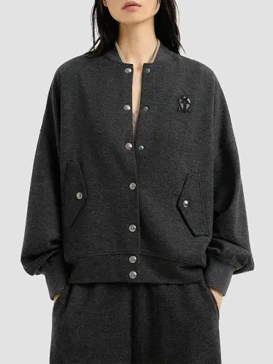Brunello Cucinelli Women's Cashmere Interlock Bomber-Style Sweatshirt with Logo - Anthracite - Size XXXL | Thumbnail 3 Brunello Cucinelli Women's Cashmere Interlock Bomber-Style Sweatshirt with Logo - Anthracite - Size XXXL | Thumbnail 3