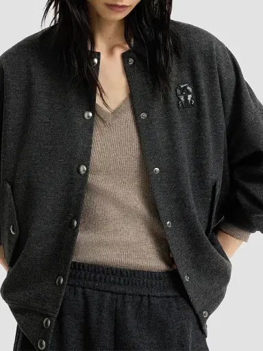 Brunello Cucinelli Women's Cashmere Interlock Bomber-Style Sweatshirt with Logo - Anthracite - Size XXXL | Thumbnail 5 Brunello Cucinelli Women's Cashmere Interlock Bomber-Style Sweatshirt with Logo - Anthracite - Size XXXL | Thumbnail 5
