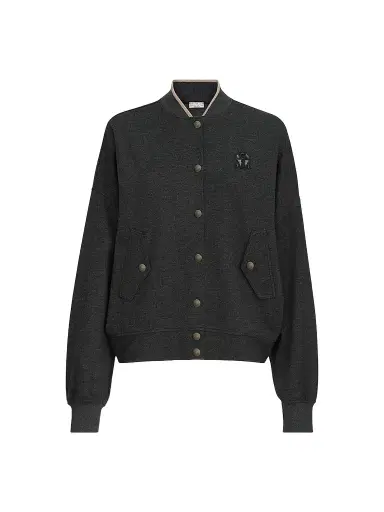 Brunello Cucinelli Women's Cashmere Interlock Bomber-Style Sweatshirt with Logo - Anthracite - Size XXXL | Thumbnail 1 Brunello Cucinelli Women's Cashmere Interlock Bomber-Style Sweatshirt with Logo - Anthracite - Size XXXL | Thumbnail 1