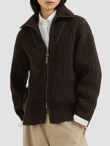 Brunello Cucinelli Women's Cashmere and Wool Ribbed Cardigan with Shiny Zipper Pull - Coffee | Thumbnail 3