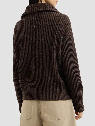 Brunello Cucinelli Women's Cashmere and Wool Ribbed Cardigan with Shiny Zipper Pull - Coffee | Thumbnail 4