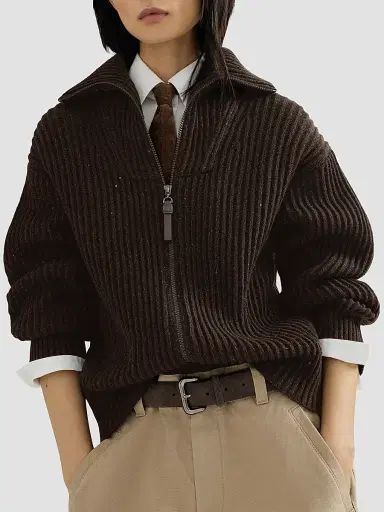 Brunello Cucinelli Women's Cashmere and Wool Ribbed Cardigan with Shiny Zipper Pull - Coffee | Thumbnail 5