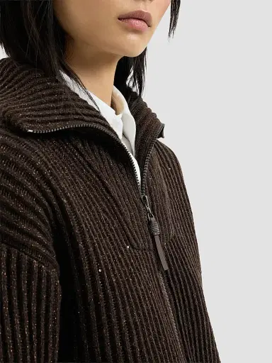 Brunello Cucinelli Women's Cashmere and Wool Ribbed Cardigan with Shiny Zipper Pull - Coffee | Thumbnail 6