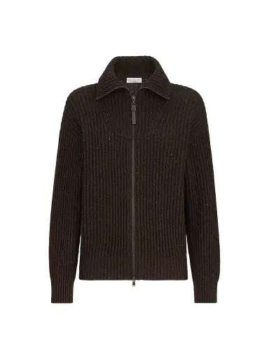 Brunello Cucinelli Women's Cashmere and Wool Ribbed Cardigan with Shiny Zipper Pull - Coffee | Thumbnail 1