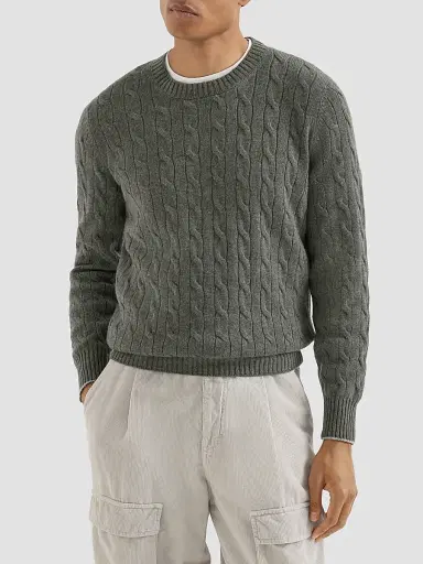 Brunello Cucinelli Men's Cashmere Cable Knit Sweater - Dark Green | Thumbnail 2