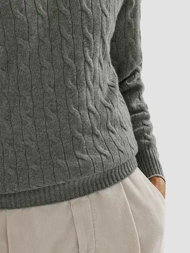 Brunello Cucinelli Men's Cashmere Cable Knit Sweater - Dark Green | Thumbnail 4
