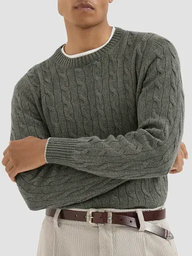 Brunello Cucinelli Men's Cashmere Cable Knit Sweater - Dark Green | Thumbnail 5