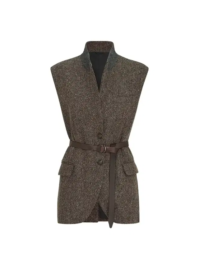 Brunello Cucinelli Women's Sparkling Virgin Wool Chevron Vest with Leather Belt and Monili - Pine Cone Brown