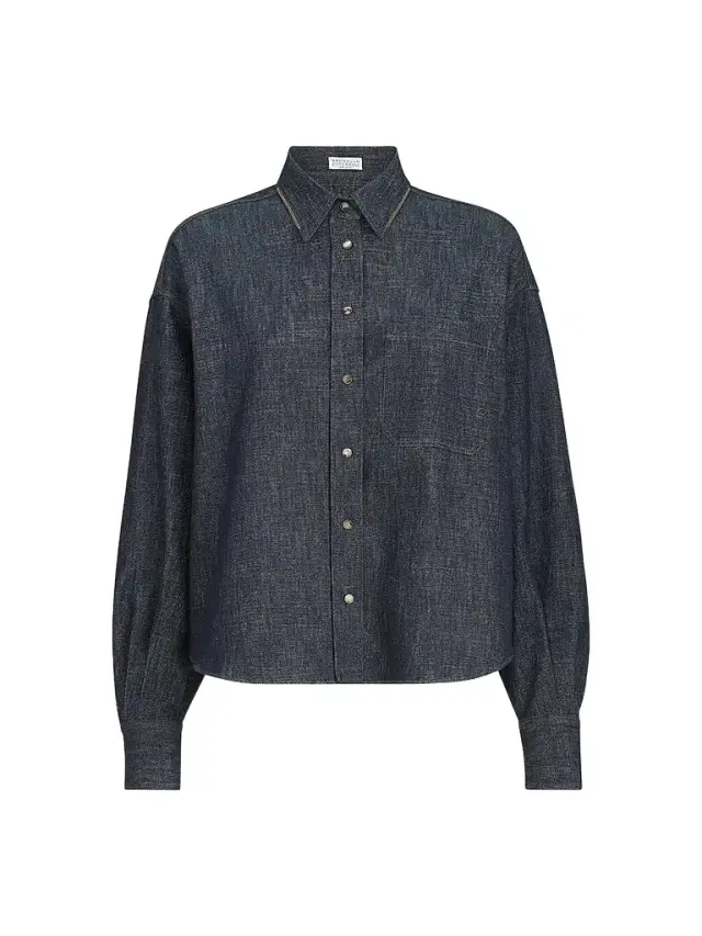 Women's Sparkling No-Fade Denim Shirt with Shiny Collar - Denim