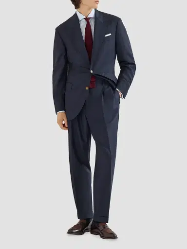 Brunello Cucinelli Men's Virgin Wool Chevron Trousers with Double Pleats - Navy Blue | Thumbnail 2