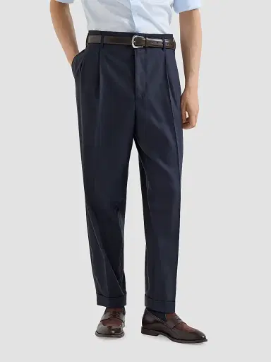 Brunello Cucinelli Men's Virgin Wool Chevron Trousers with Double Pleats - Navy Blue | Thumbnail 3