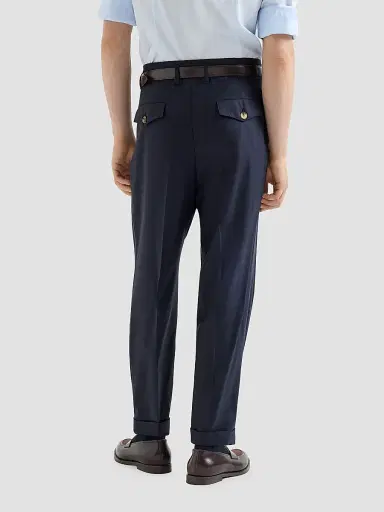 Brunello Cucinelli Men's Virgin Wool Chevron Trousers with Double Pleats - Navy Blue | Thumbnail 4