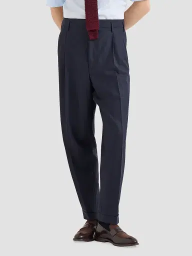 Brunello Cucinelli Men's Virgin Wool Chevron Trousers with Double Pleats - Navy Blue | Thumbnail 5