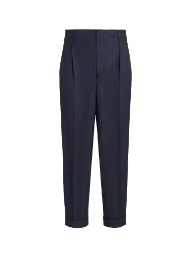 Brunello Cucinelli Men's Virgin Wool Chevron Trousers with Double Pleats - Navy Blue | Thumbnail 1