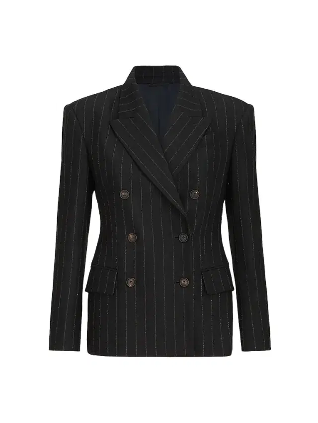 Brunello Cucinelli Women's Comfort Virgin Wool Dazzling Chalk Stripe Blazer with Monili - Cobalt