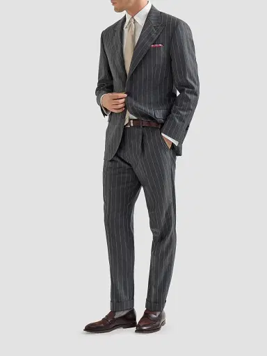Brunello Cucinelli Men's Super 150s Virgin Wool Wide Chalk Stripe Batavia Trousers with Pleats - Grey | Thumbnail 2