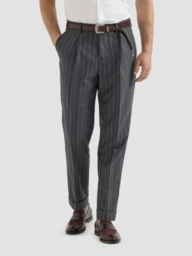 Brunello Cucinelli Men's Super 150s Virgin Wool Wide Chalk Stripe Batavia Trousers with Pleats - Grey | Thumbnail 3