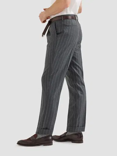 Brunello Cucinelli Men's Super 150s Virgin Wool Wide Chalk Stripe Batavia Trousers with Pleats - Grey | Thumbnail 4