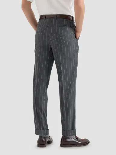Brunello Cucinelli Men's Super 150s Virgin Wool Wide Chalk Stripe Batavia Trousers with Pleats - Grey | Thumbnail 5