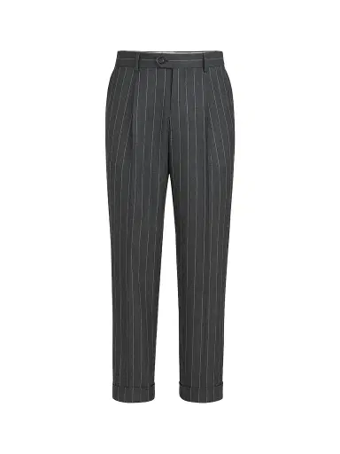 Brunello Cucinelli Men's Super 150s Virgin Wool Wide Chalk Stripe Batavia Trousers with Pleats - Grey | Thumbnail 1
